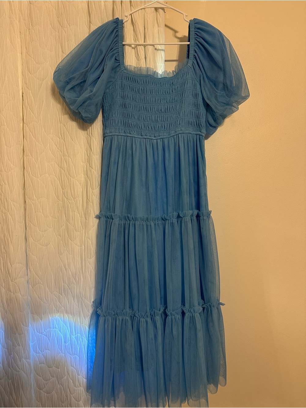 Blue Puff Sleeve Tiered Midi Dress
